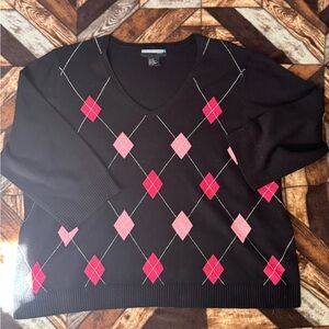 Requirements Black V-Neck Sweater with Pink Argyle Diamonds